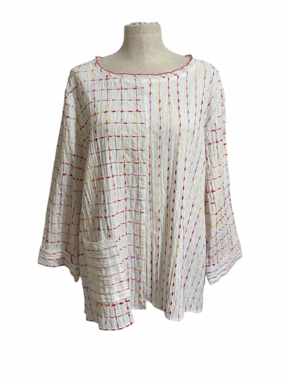 Habitat Crinkle Textured Tunic Top Boho  XL Artsy Lagenlook Stripe Relaxed Fit